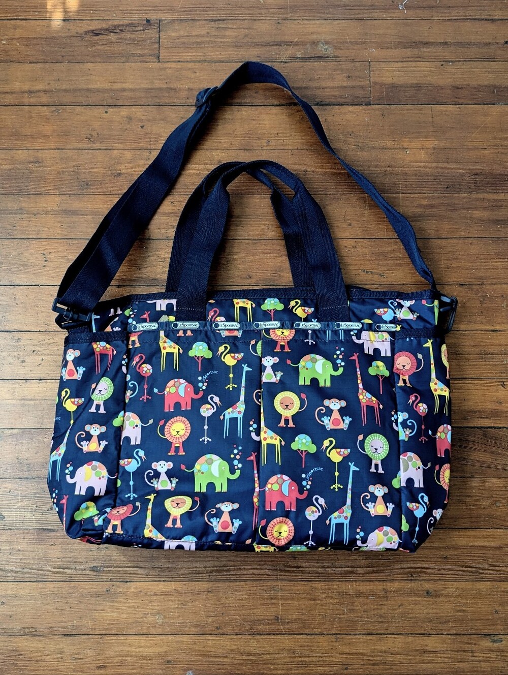 LeSportsac Ryan Baby Bag Zoo Safari Animal Print Navy Blue Diaper Tote EUC